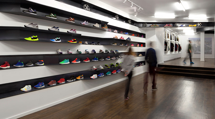 Modern Clean Ribboned Shelving for Retail Sneaker Shop