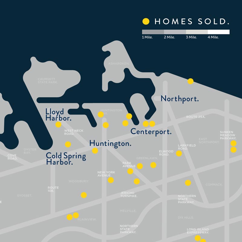 Huntington, Northport, Cold Spring Harbor NY Minimal Map Design for Real Estate Marketing