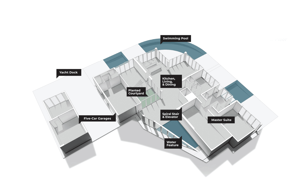 Modern architecture graphic design for dollhouse section cut diagram showing key amenities at the infinity house by THE UP STUDIO