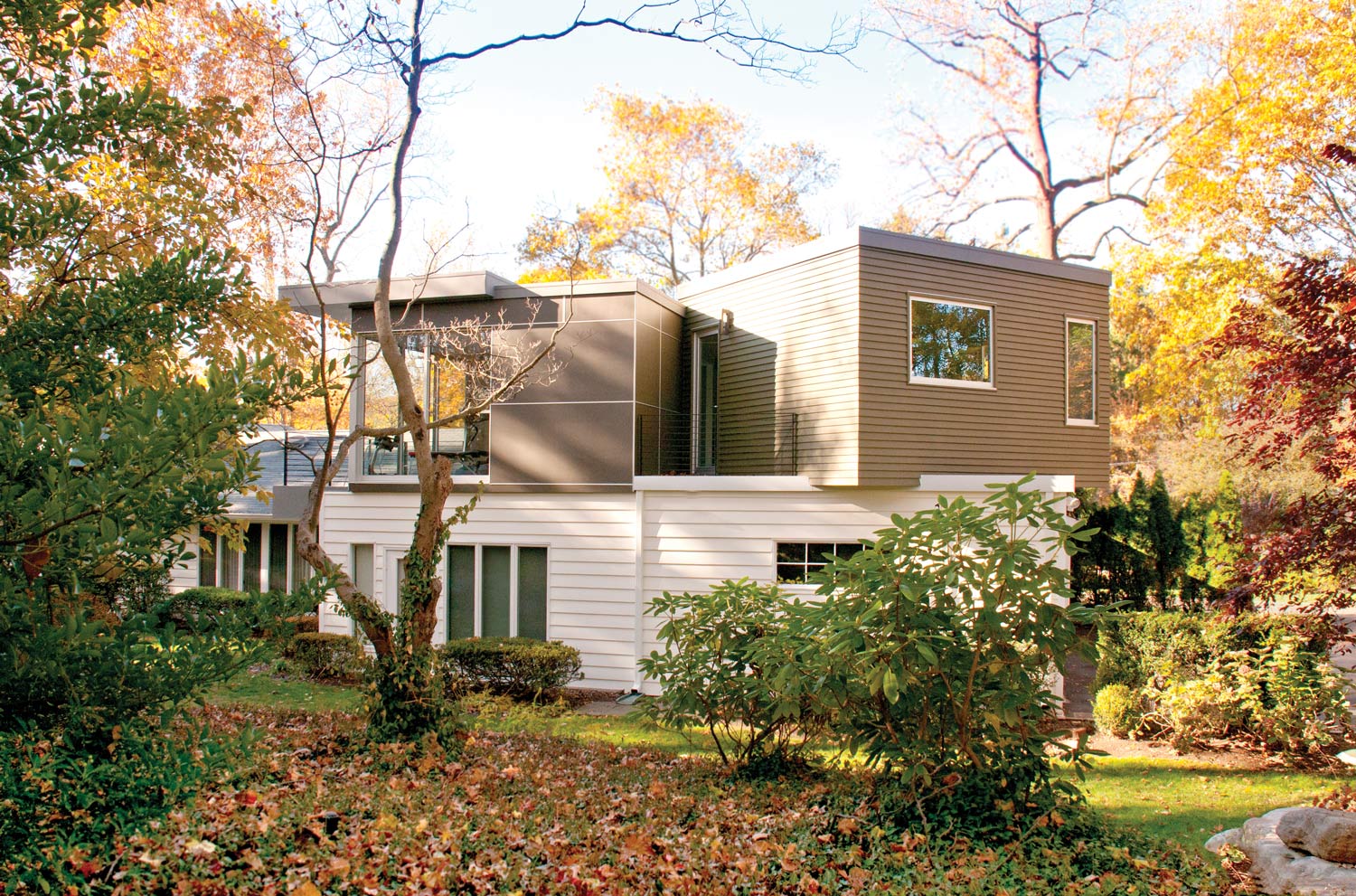 Modern Architectural Ranch Addition in Autumn