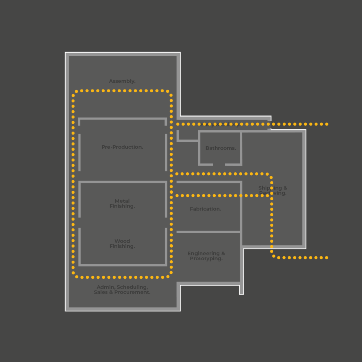 Architectural Circulation Path Diagrams for a Modern Warehouse Addition for Long Island Based Lighting Designers
