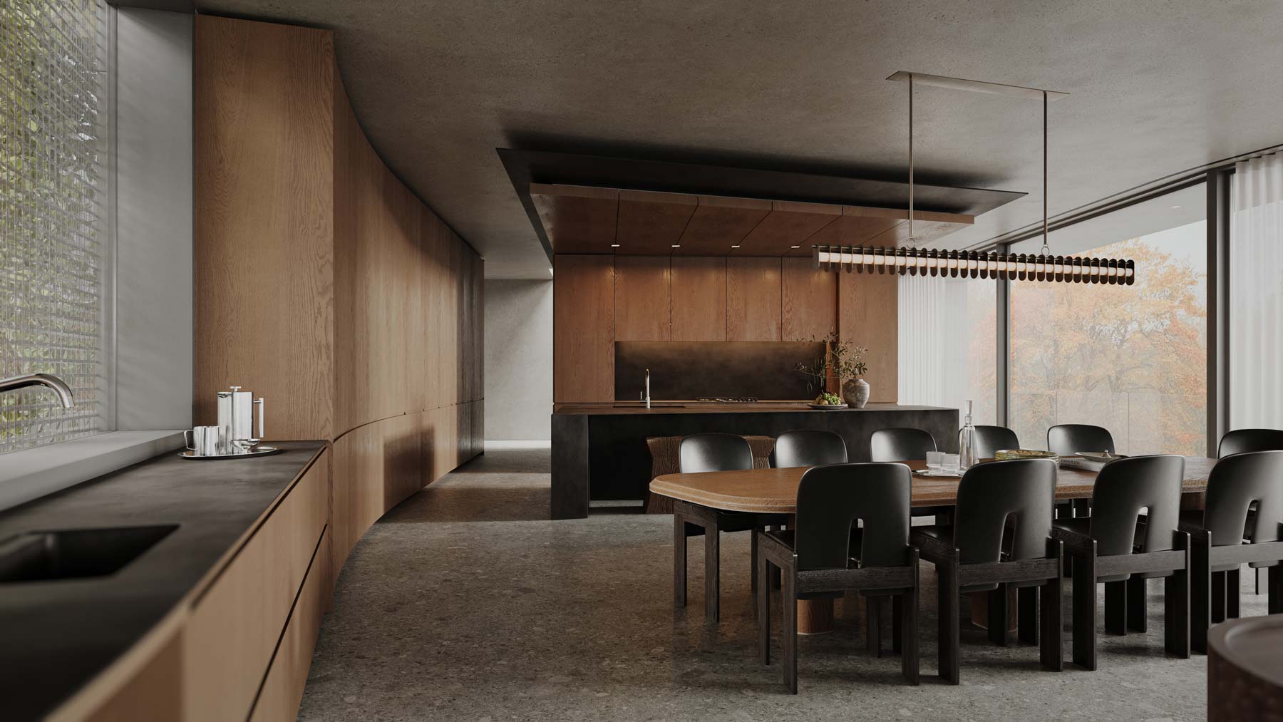 curved dark wood millwork cabinetry in concrete modern home