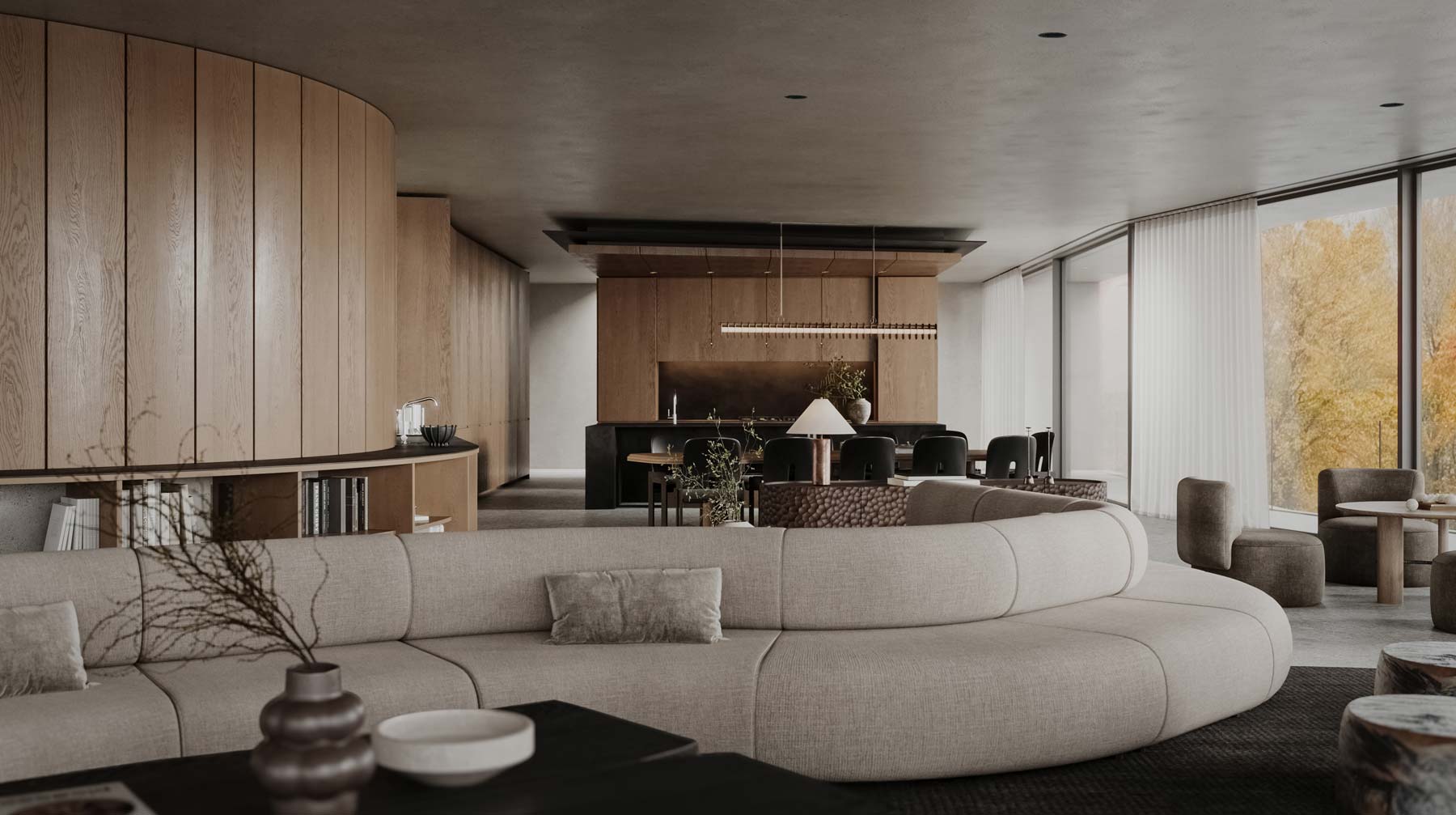 Curving interior design sofa and millwork in modern hudson valley home