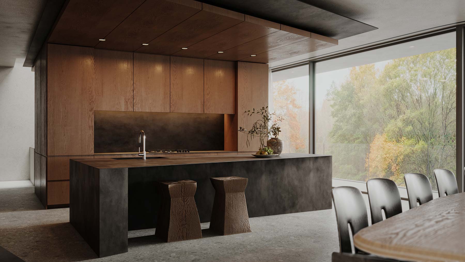 custom angled kitchen island with dark wood panel ready cabinets