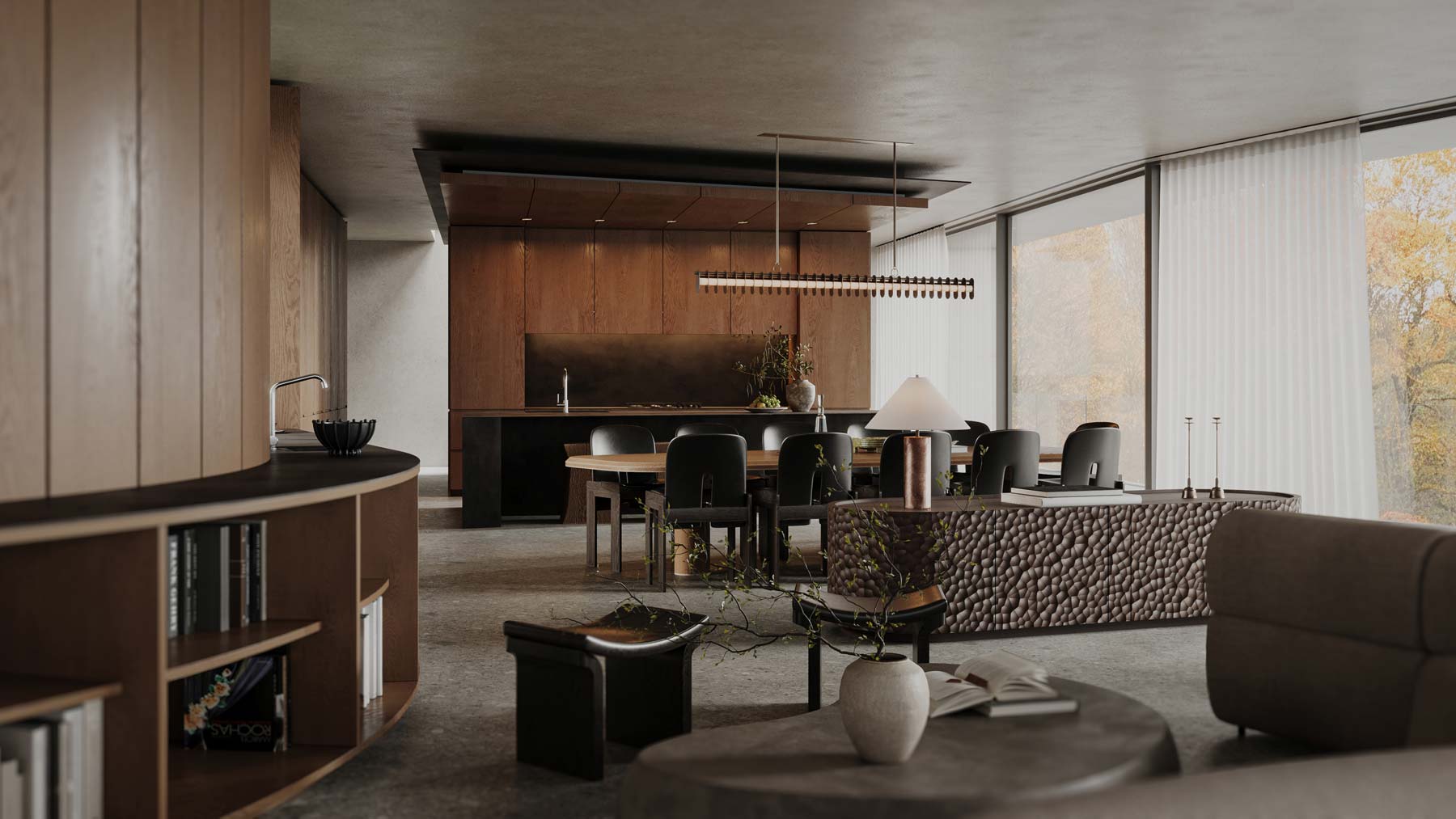 Custom dark wood and black metal kitchen with custom millwork interior design