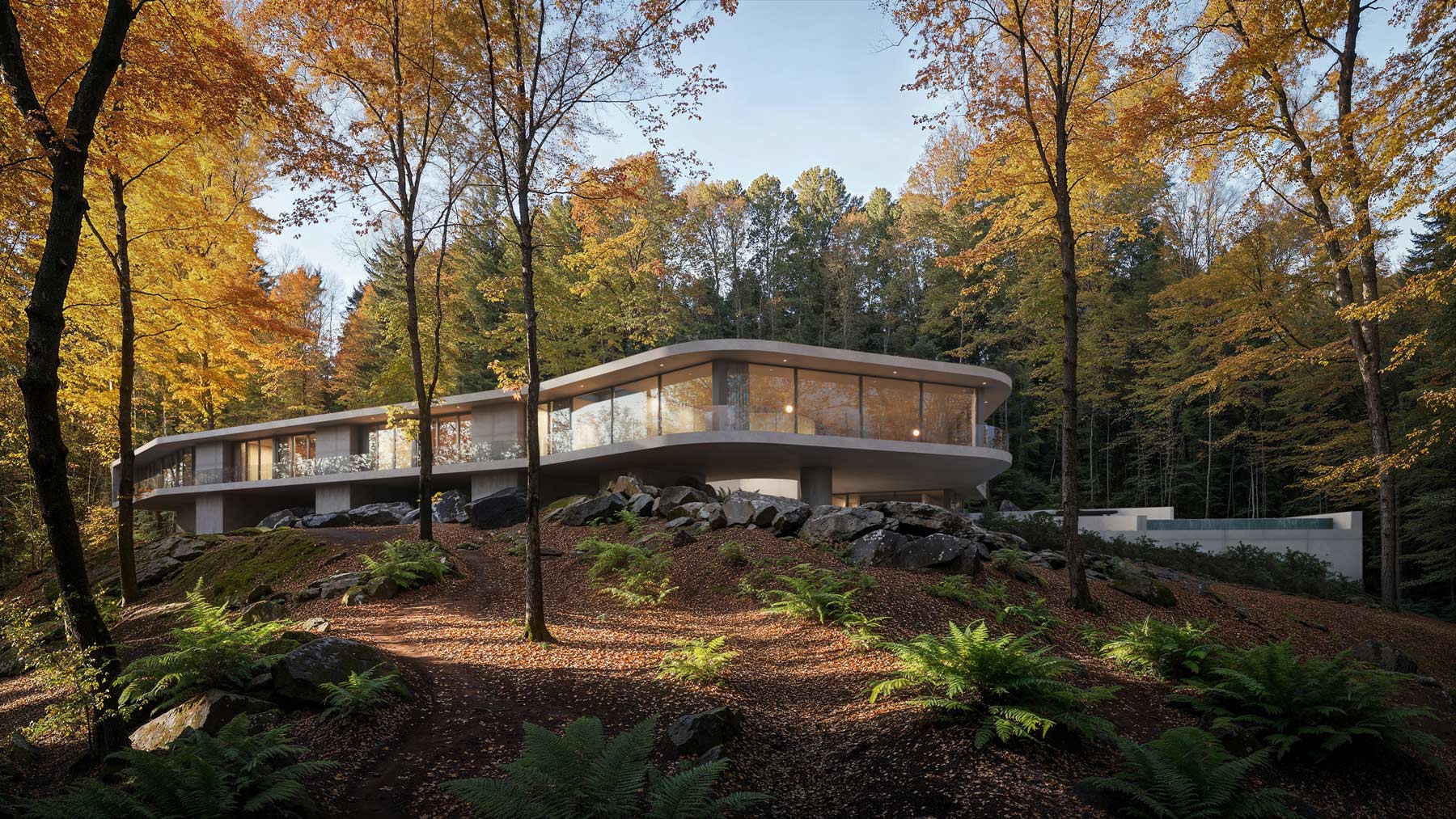 Floating lifted concrete modern home architecture on steep hillside in autumn
