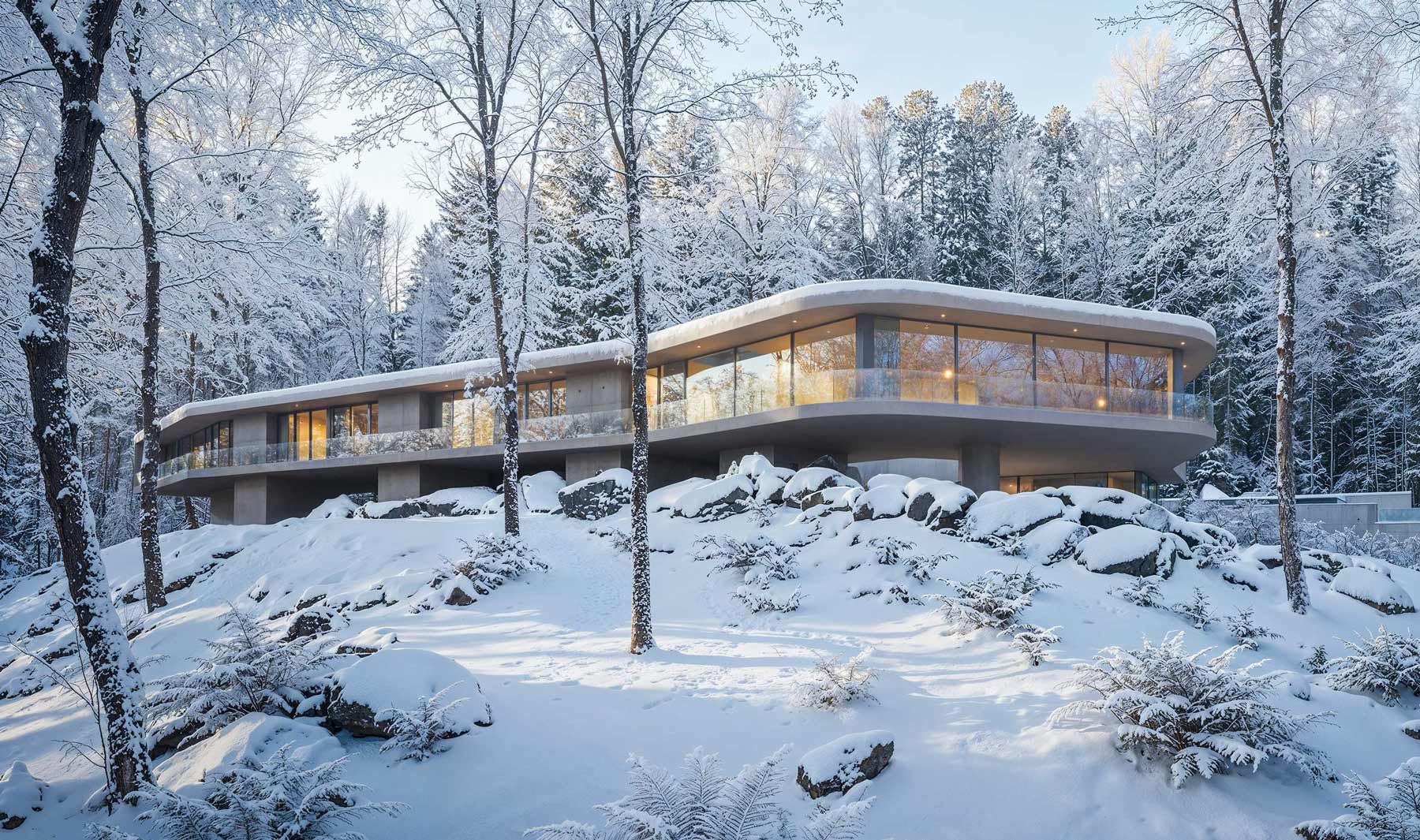 floating lifted concrete modern home architecture on steep hillside in winter