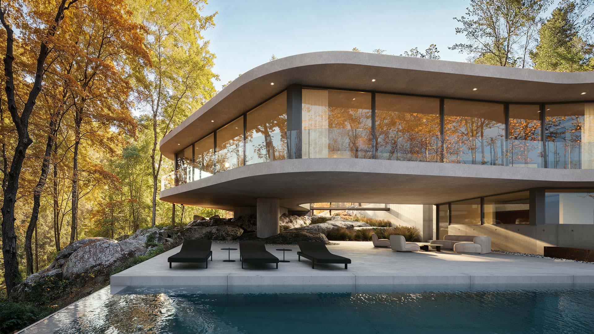 Luxury modern home in the woods with custom concrete infinity pool