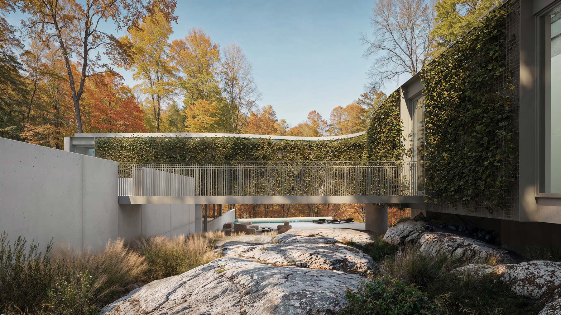 Modern home architecture floating residence wrapped in ivy trellis
