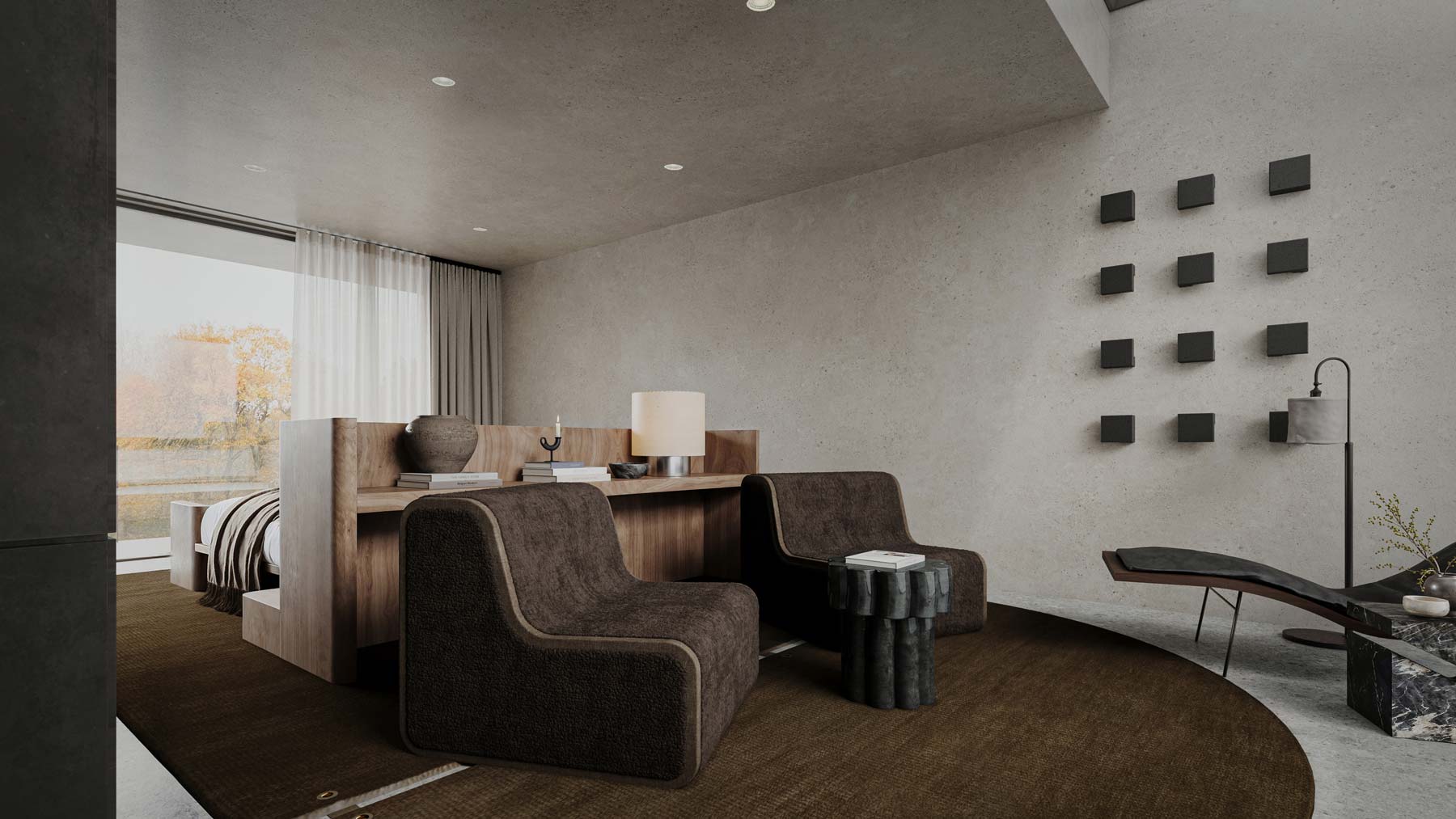 Primary bedroom suite interior design in concrete home in the woods