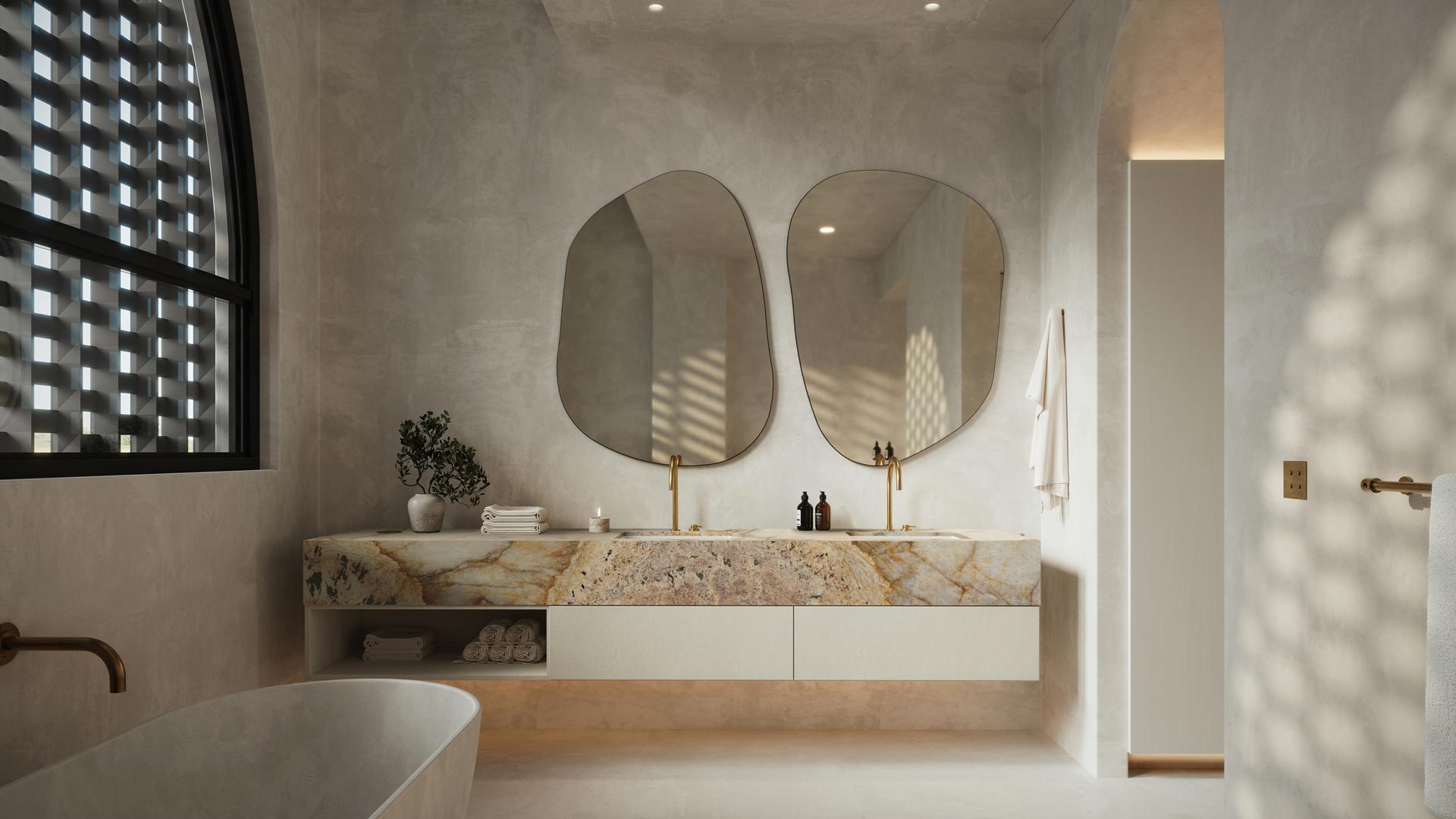 Modern NYC bathroom with arched window, microcement walls, and stone vanity