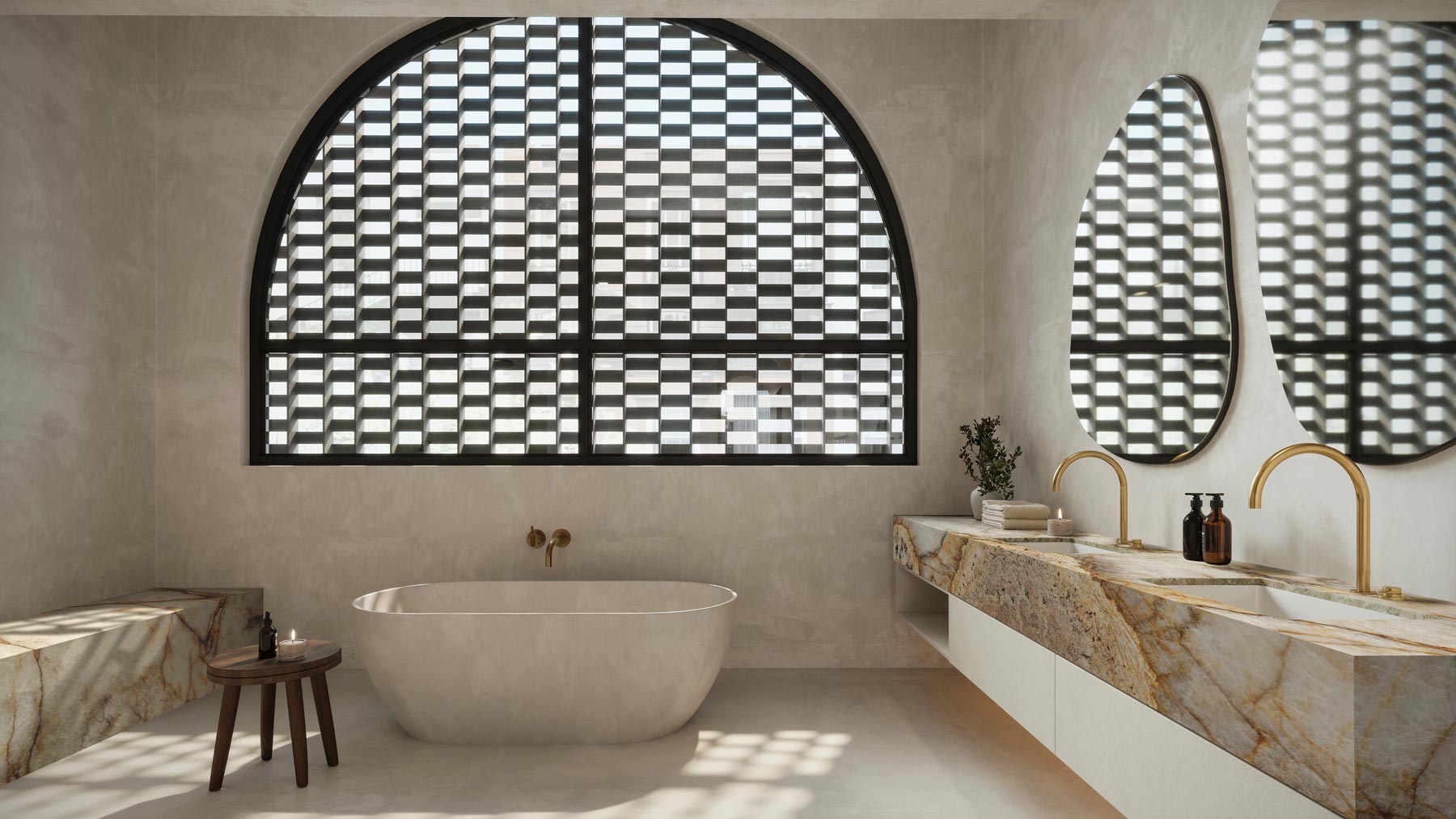 Minimalist bathroom design with microcement finish and sculptural stone vanity