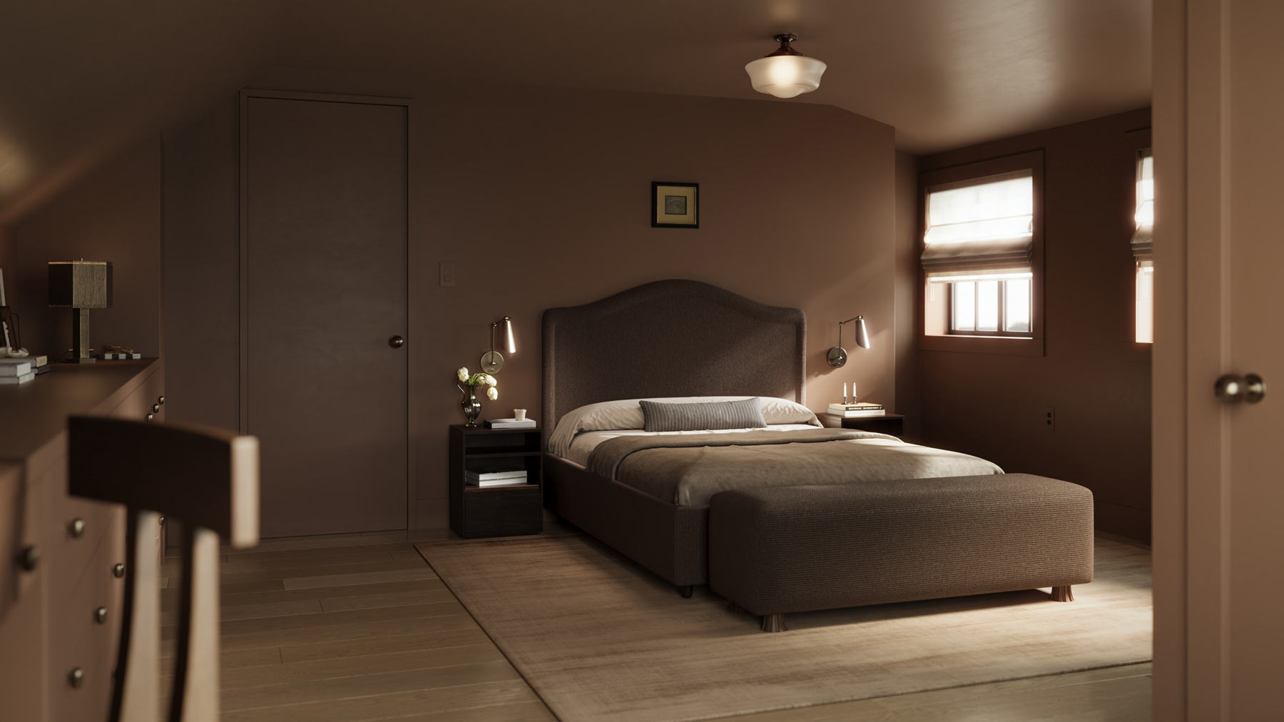 color-drenched warm modern primary bedroom interior design woodstock ny