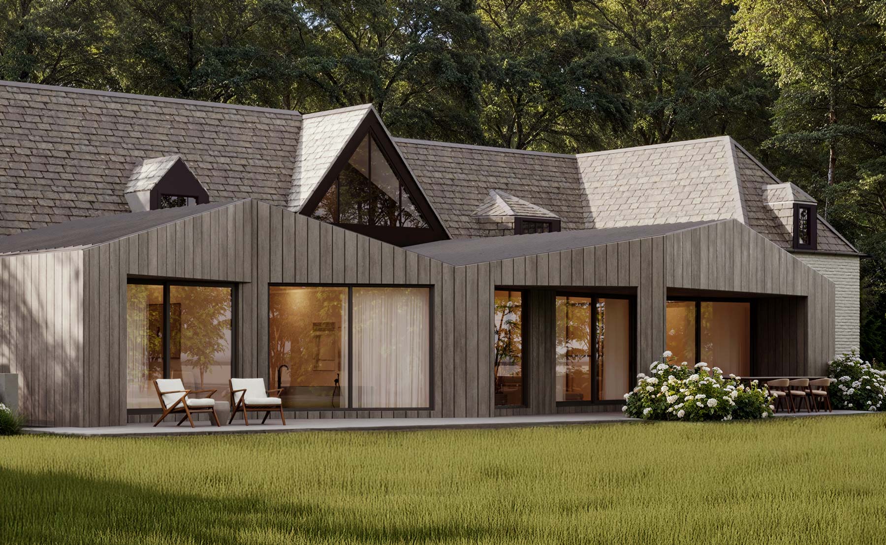 New faceted modern addition to old traditional home