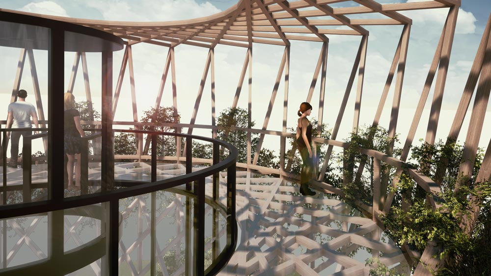 Sustainably sourced wood viewing tower architecture