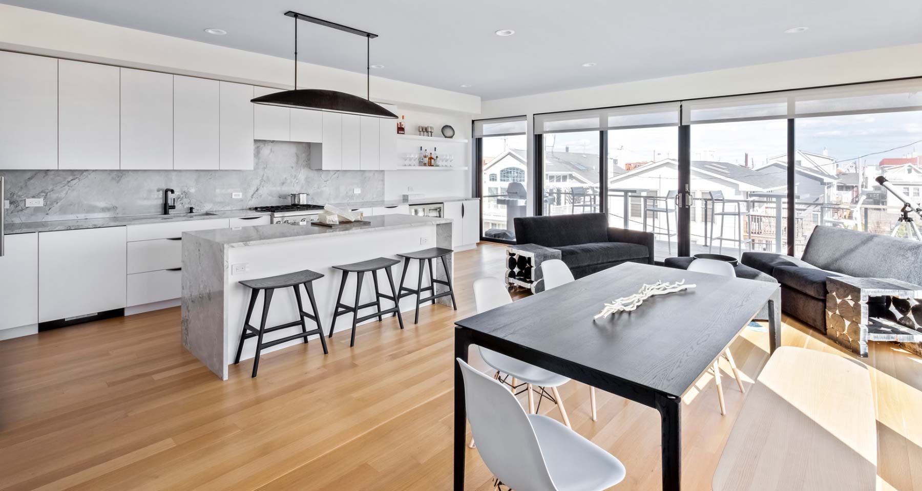 Long Beach Modern Beach House Kitchen, Dining Room, and Exterior Balconies Architecture and Interior