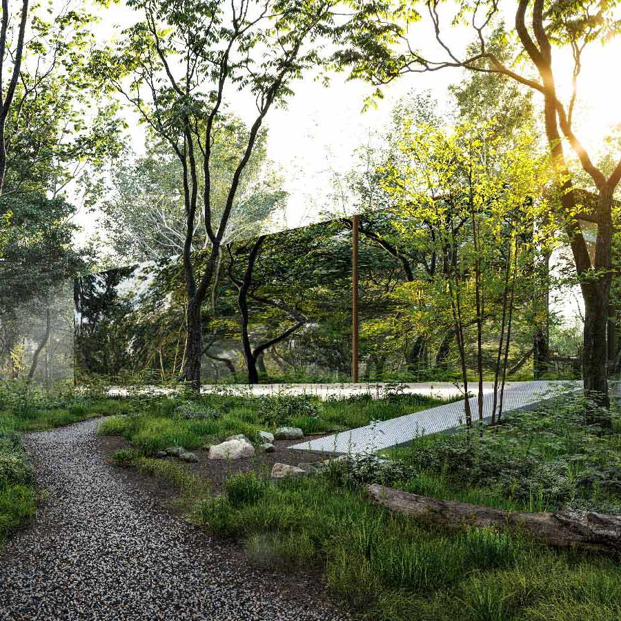 mirrored modern house in the NY woods