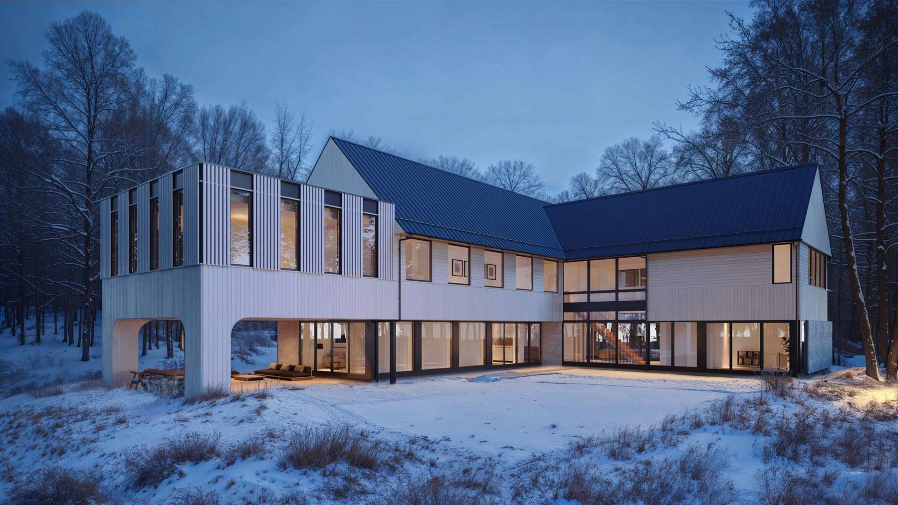 l-shaped modern home design in snow new york architecture