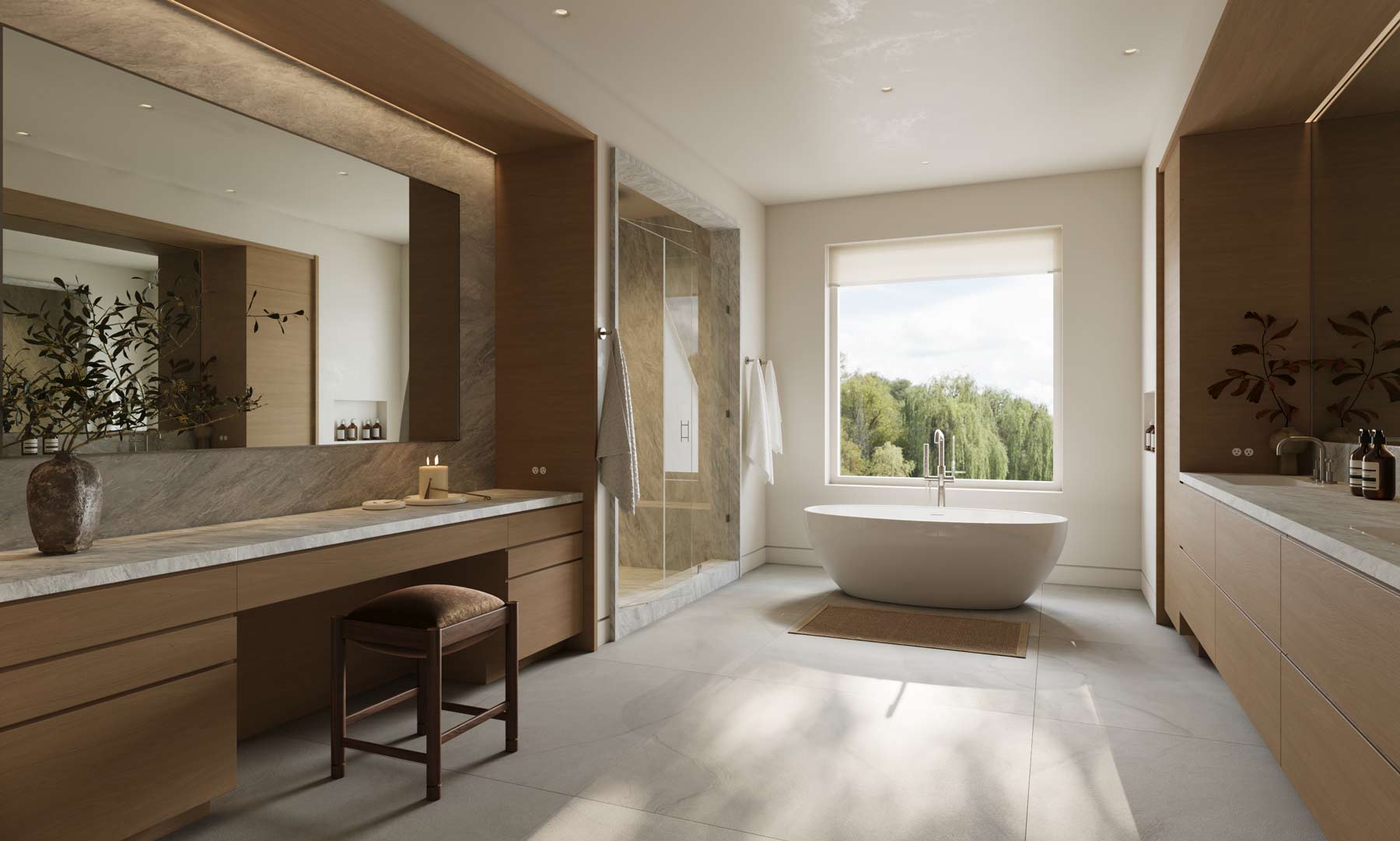 large primary bathroom with custom millwork vanity and makeup table
