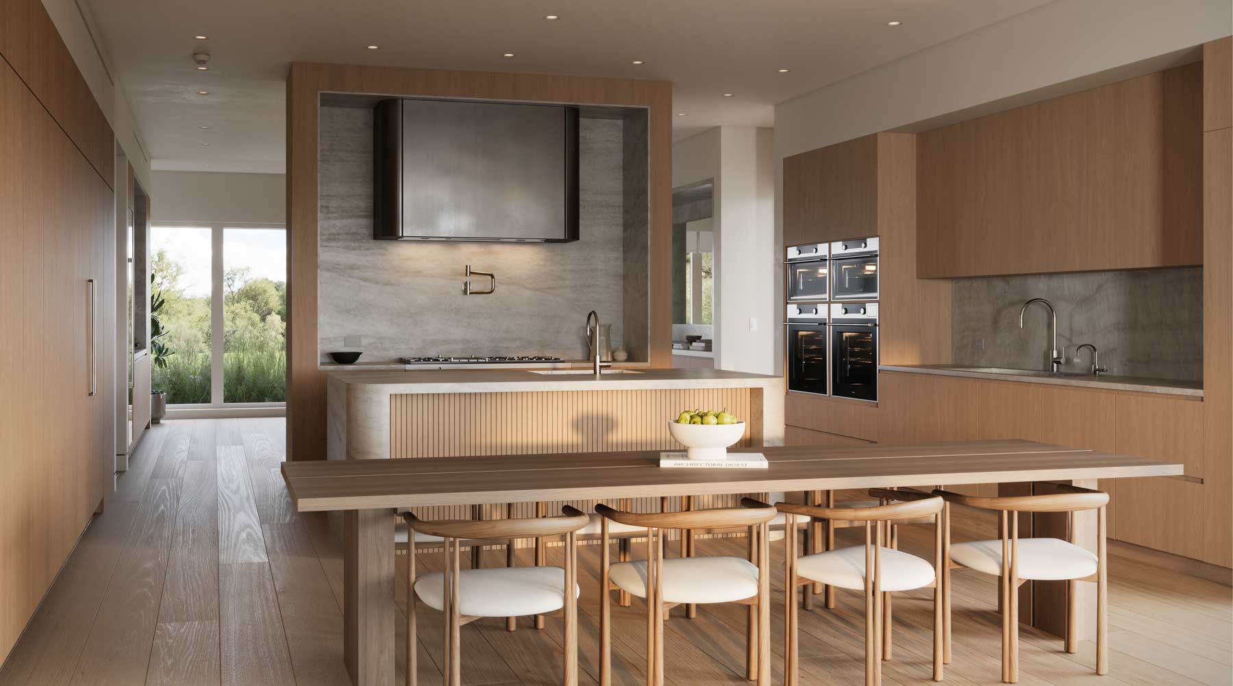 sleek wooden custom kitchen millwork with neutral interior design palette