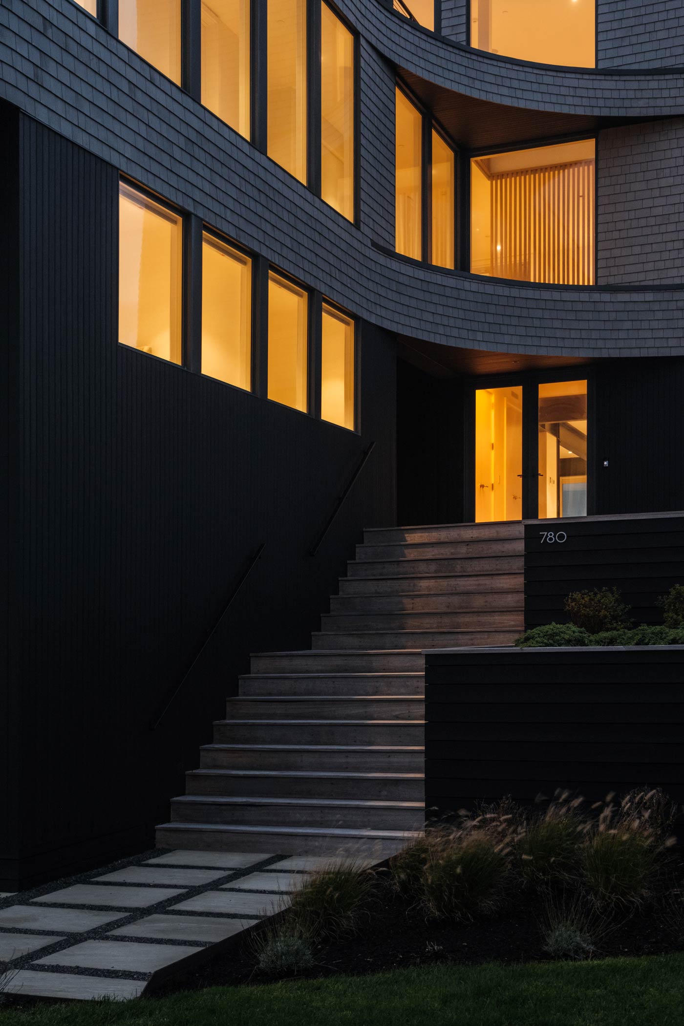 entry step to new raised modern beach house in the hamptons
