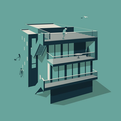 Architecture graphic design illustration for modern beach house