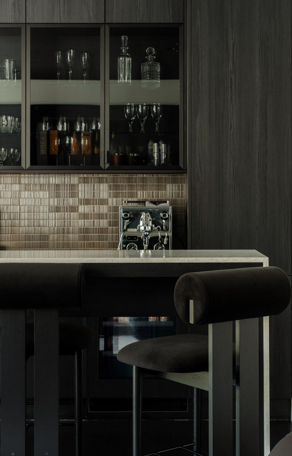 black wood home coffee station interiors with modern bar stools