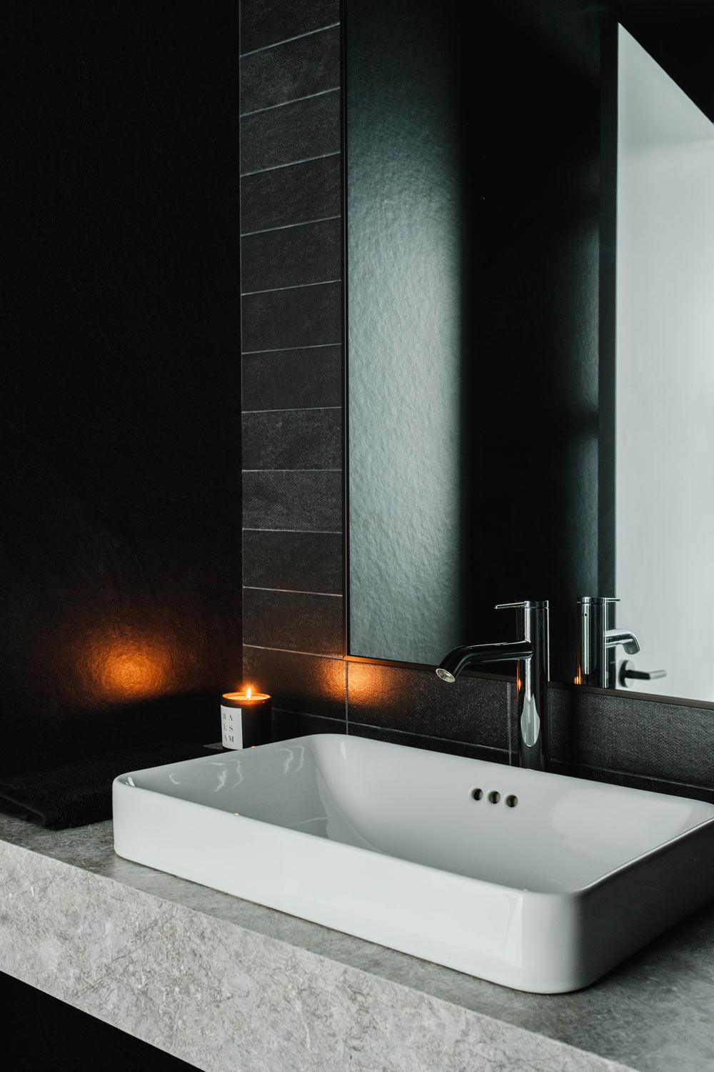 dark black modern powder room vessel sink