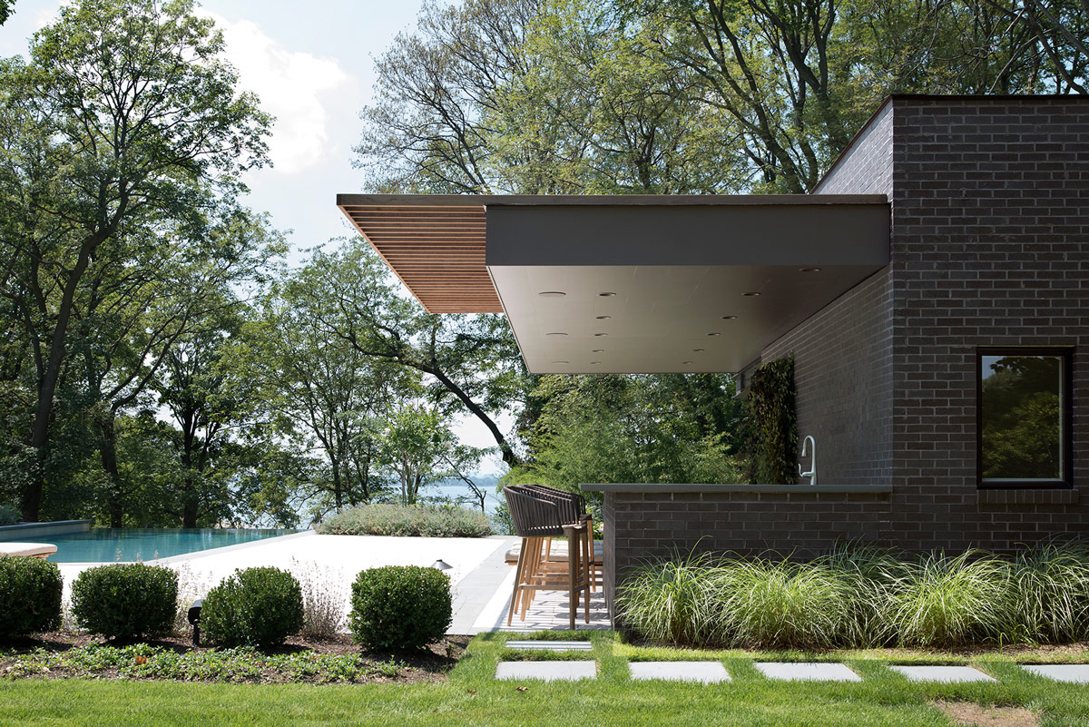 Black Brick Cantilevered Modern Pool Cabana