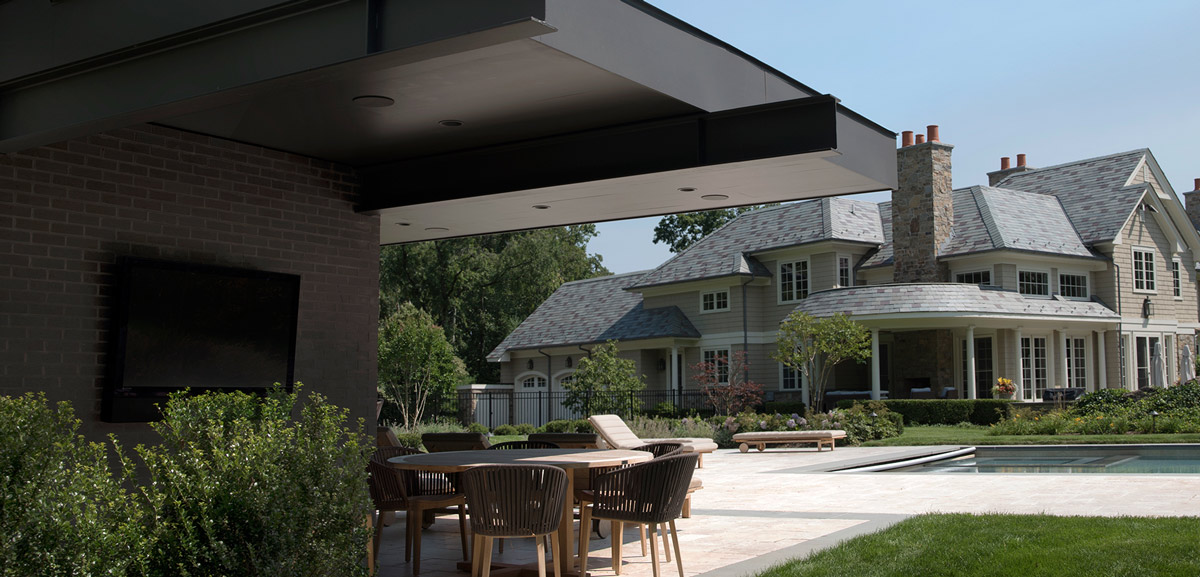Old vs. New Architecture / Modern Pool Cabana for Neo-Traditional Home