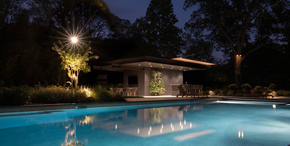 Cantilevered Modern Pool House Architecture Long Island Night Photography