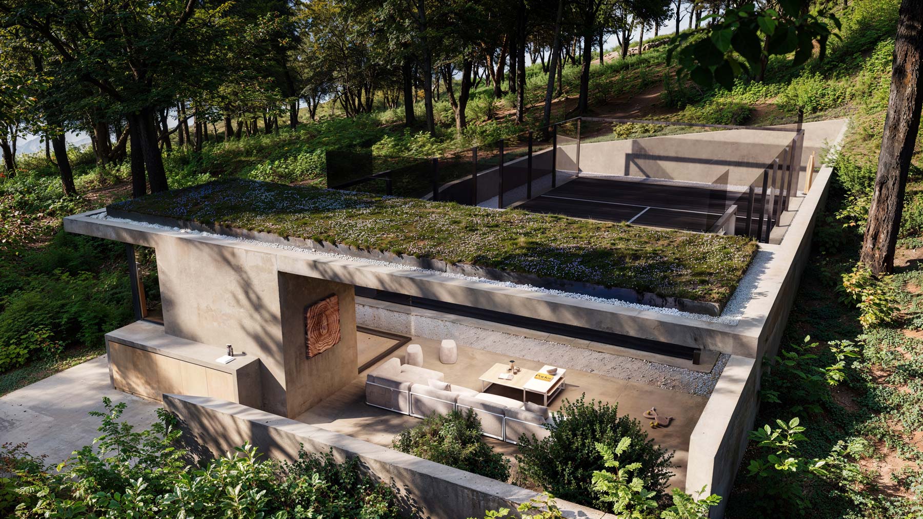 concrete modern sports court carved into the landscape with green roof