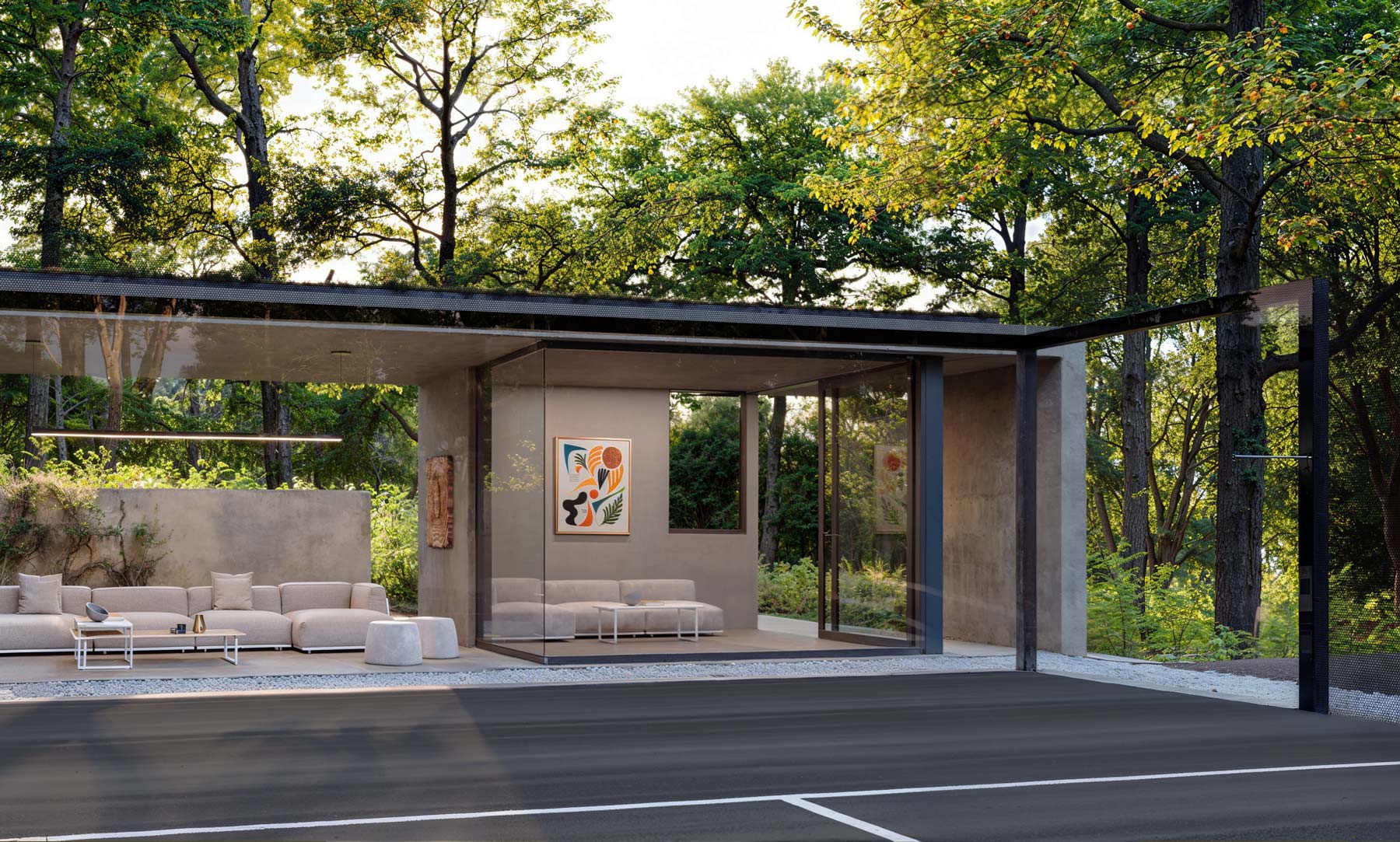 seating lounge in secret concrete sports court interiors