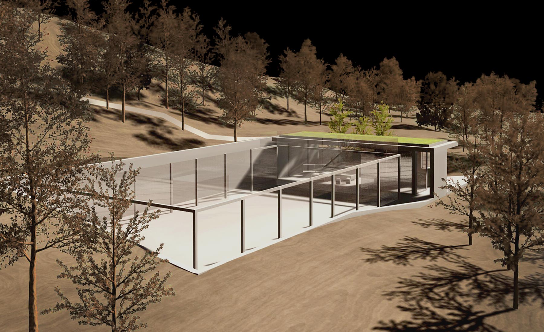 sunken tennis court in nature hillside architectural diagram