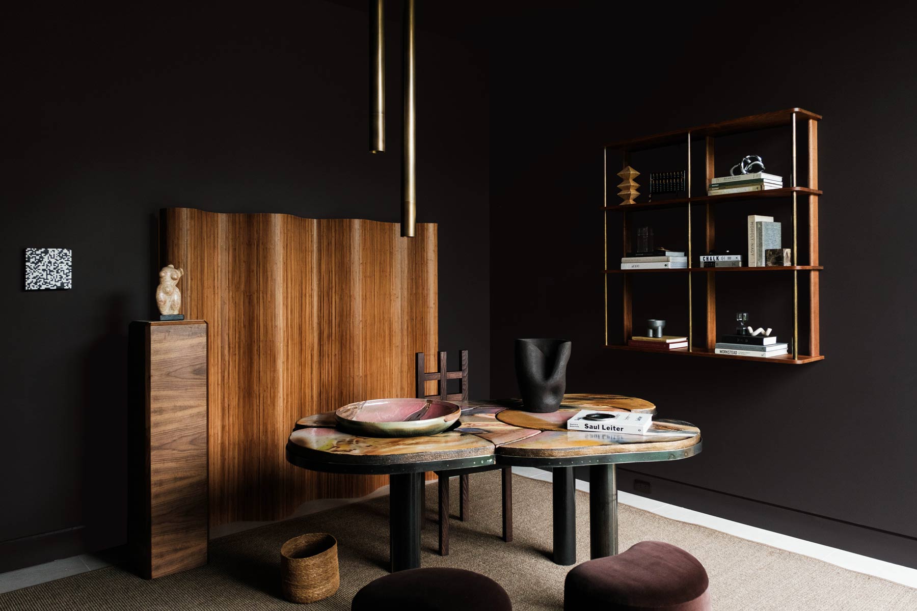 moody dark office interior design in modern hamptons home