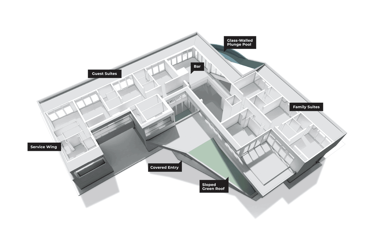 Modern architecture graphic design for dollhouse section cut diagram showing key amenities at the infinity house by THE UP STUDIO