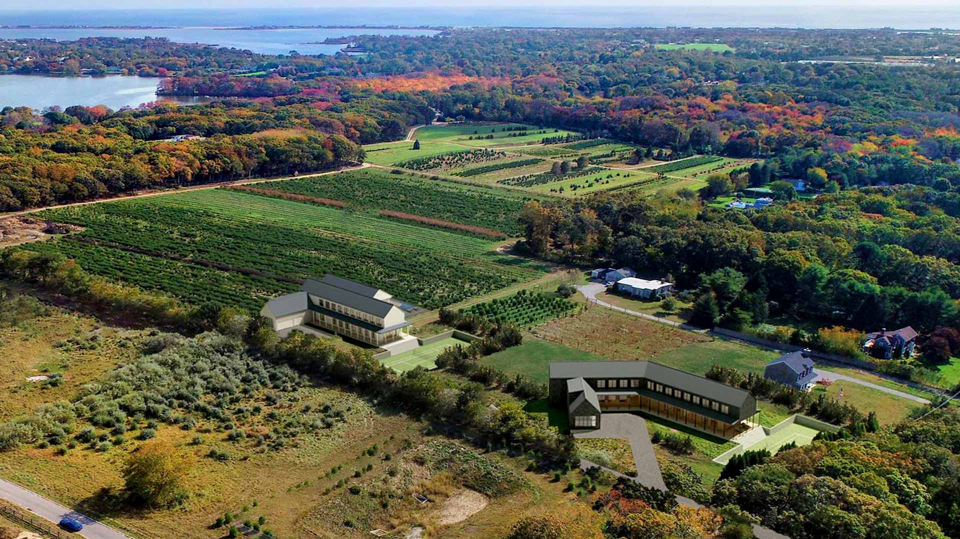 two hamptons custom modern farmhouse homes - aerial view