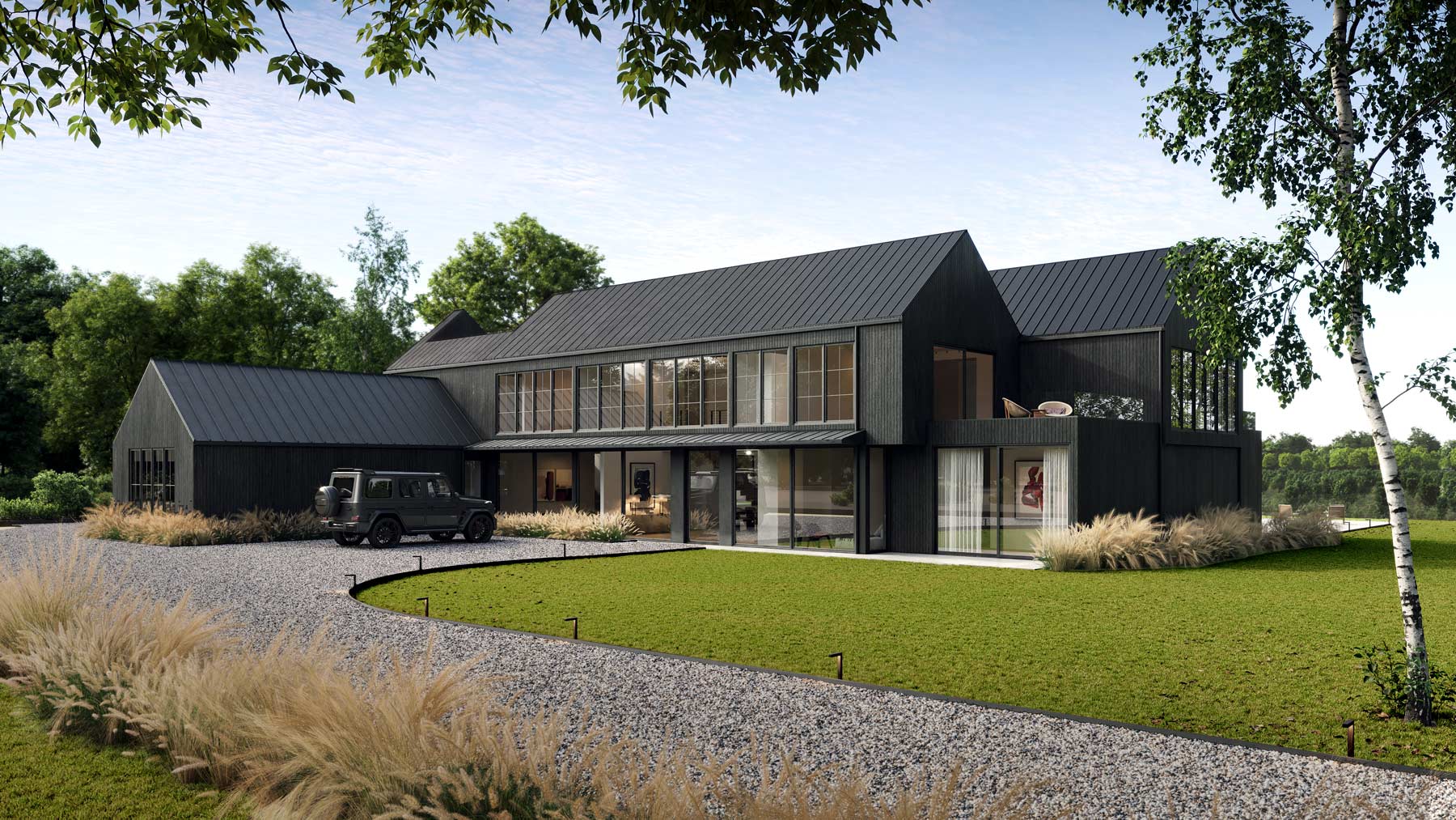 black wood modern farmhouse architecture design on hamptons farm reserve