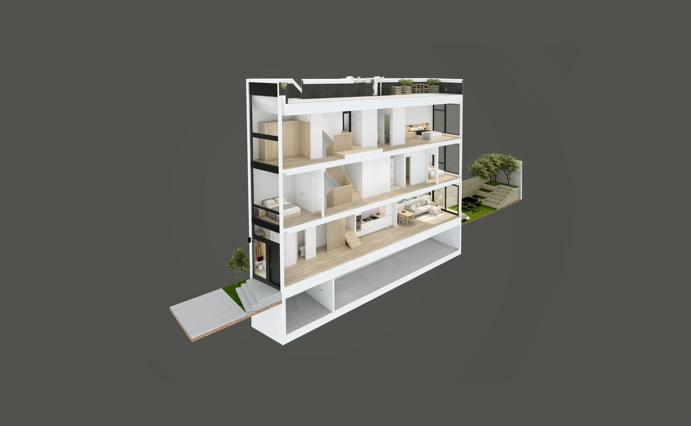 section cut diagram of skinnyside a modern luxury townhouse in queens nyc