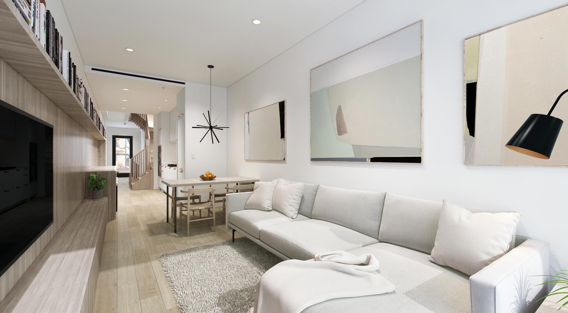 Custom living room shelving in a narrow modern townhouse by The Up Studio.