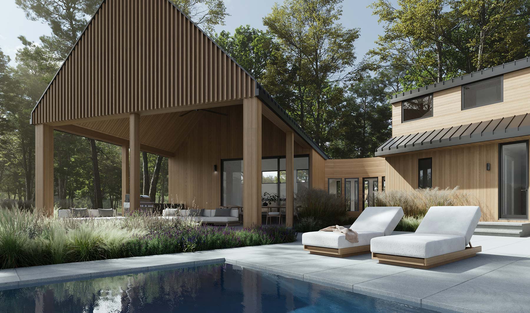 modern outdoor covered living area under gable