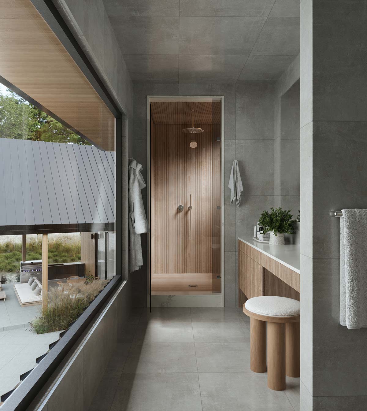 organic modern stone bathroom spa interiors with large window