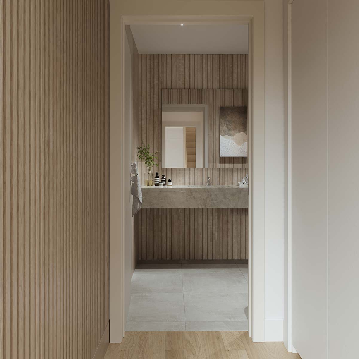 soft modern wood-clad powder room interior design