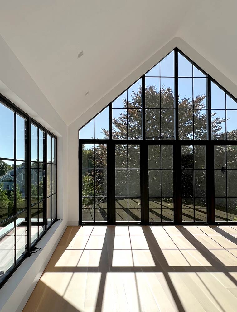 farmhouse style glass gable bedroom interior in modern home