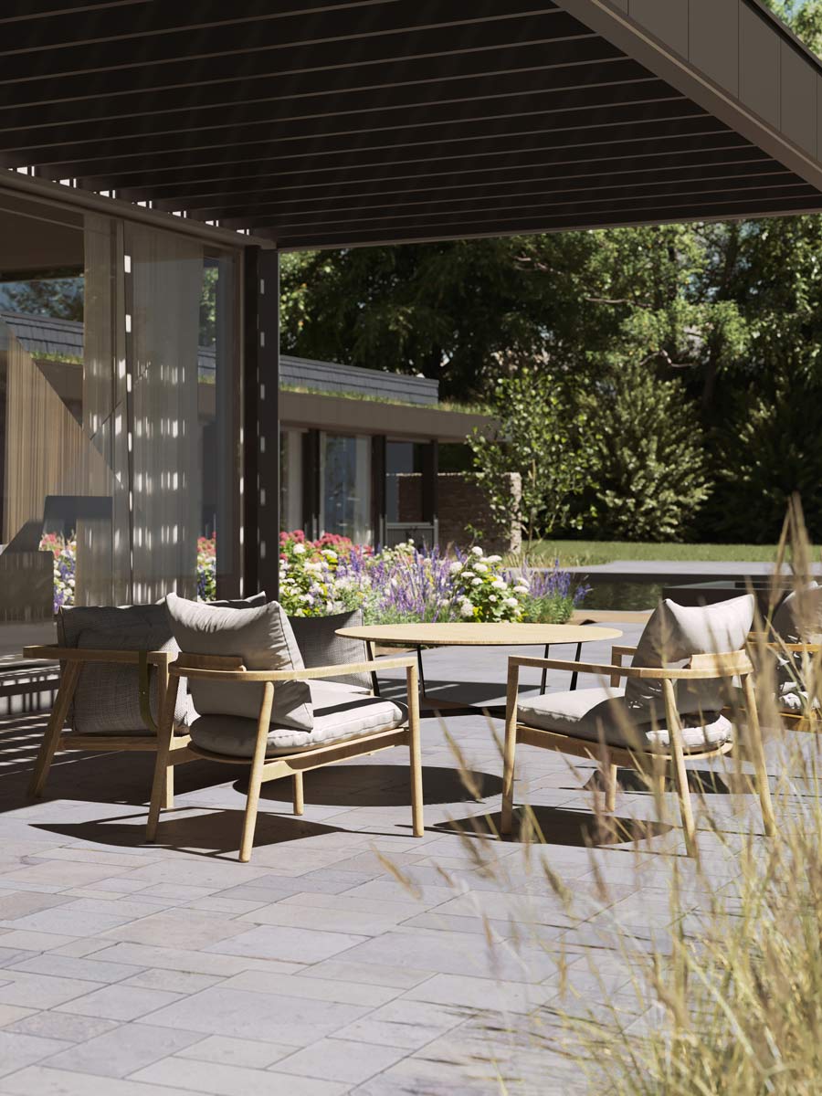 exterior covered patio at modern shingle style home