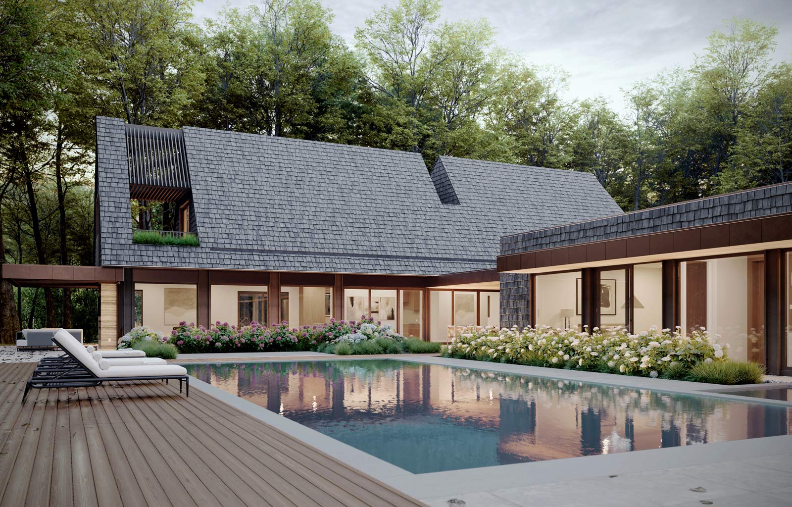 poolside at transitional modern home architecture