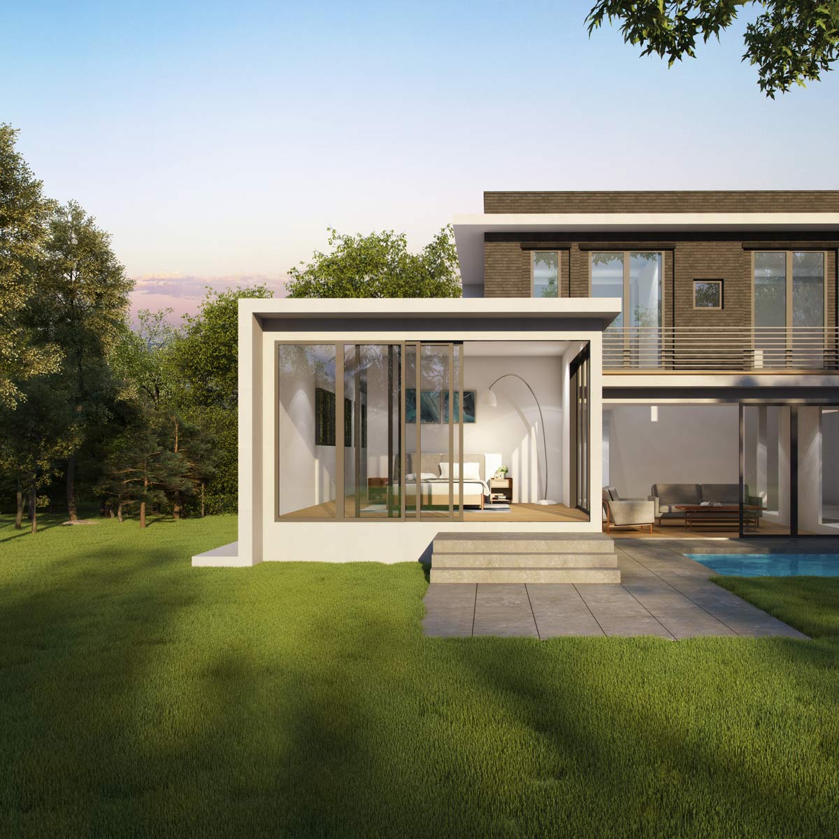 Long Island Modern Home Architecture. Master Bedroom with Indoor/Outdoor Living Space and Plunge Pool